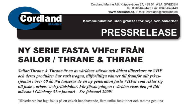 NY SERIE FASTA VHFer FRÅN SAILOR / THRANE & THRANE