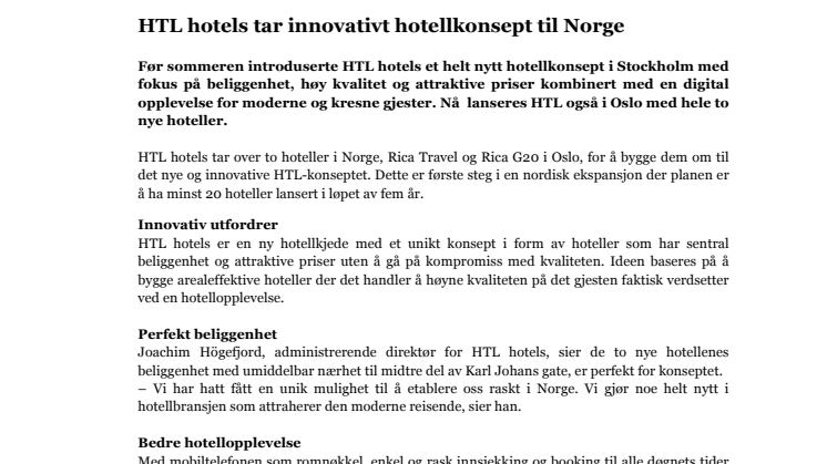 HTL hotels tar innovativt hotellkonsept til Norge