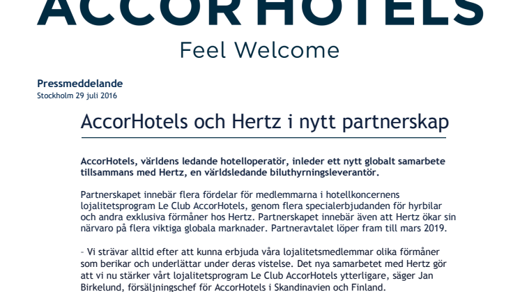 AccorHotels och Hertz i nytt partnerskap