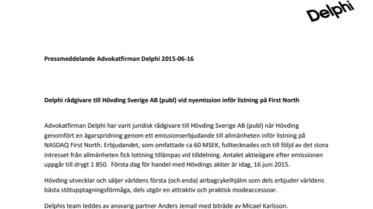 Delphi rådgivare till Hövding Sverige AB (publ) vid nyemission inför listning på First North 