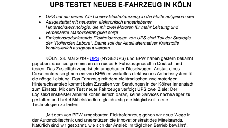 UPS testet neues E-Fahrzeug in Köln