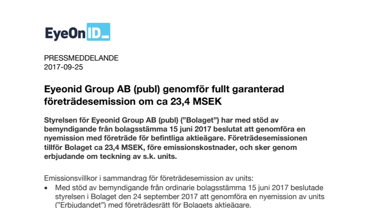 Eyeonid Group AB (publ) genomför fullt garanterad företrädesemission om ca 23,4 MSEK
