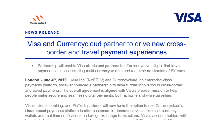 Visa ja Currencycloud  aloittivat yhteistyön, joka helpottaa ulkomaan maksuja