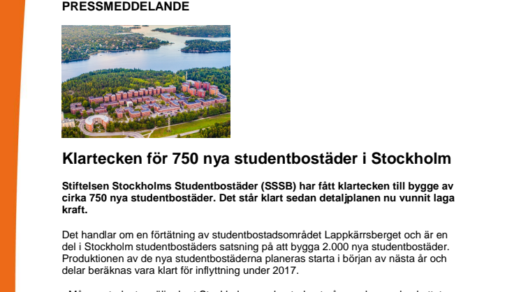 Klartecken för 750 nya studentbostäder i Stockholm