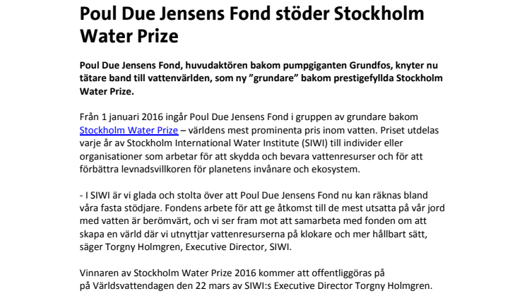 Poul Due Jensens Fond stöder Stockholm Water Prize