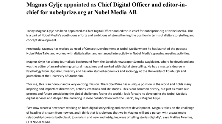 Magnus Gylje appointed as Chief Digital Officer and editor-in-chief for nobelprize.org at Nobel Media AB