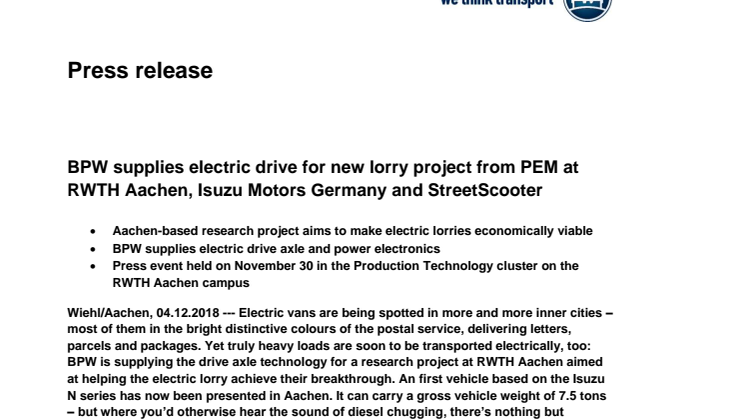 BPW supplies electric drive for new lorry project from PEM at RWTH Aachen, Isuzu Motors Germany and StreetScooter