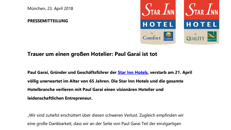 Trauer um einen großen Hotelier: Paul Garai ist tot