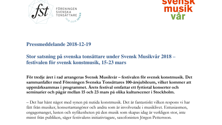Stor satsning på svenska tonsättare under Svensk Musikvår 2018 – festivalen för svensk konstmusik, 15-23 mars