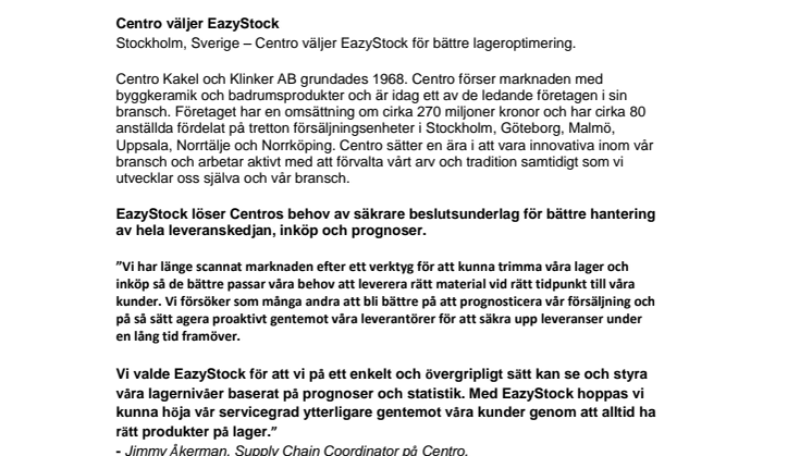 Centro väljer EazyStock