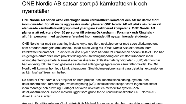 ONE Nordic AB satsar stort på kärnkraftteknik och nyanställer