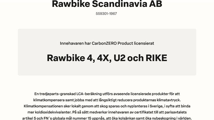 CarbonZERO Product Certifikat - Rawbike 2