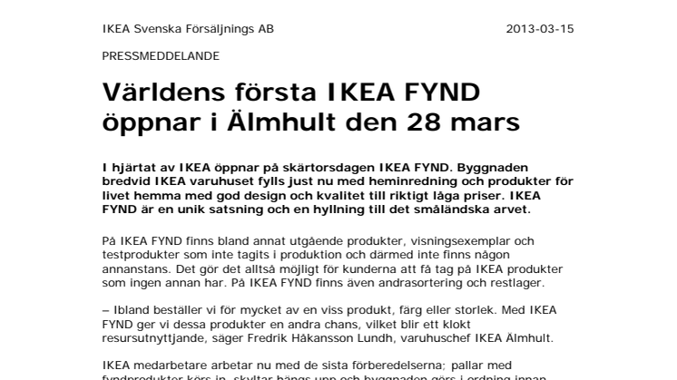 Världens första IKEA FYND öppnar i Älmhult den 28 mars