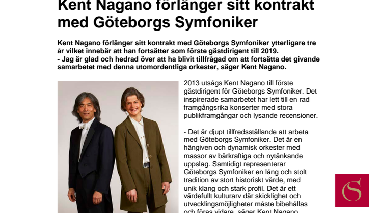 Kent Nagano förlänger sitt kontrakt med Göteborgs Symfoniker