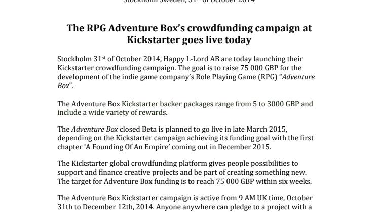 The RPG Adventure Box’s crowdfunding campaign at Kickstarter goes live today
