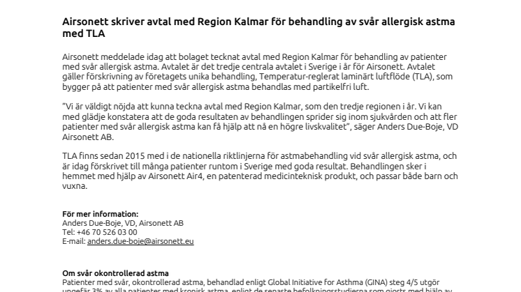 Airsonett skriver avtal med Region Kalmar för behandling av svår allergisk astma med TLA
