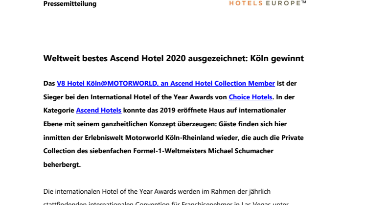 Weltweit bestes Ascend Hotel 2020 ausgezeichnet: Köln gewinnt  