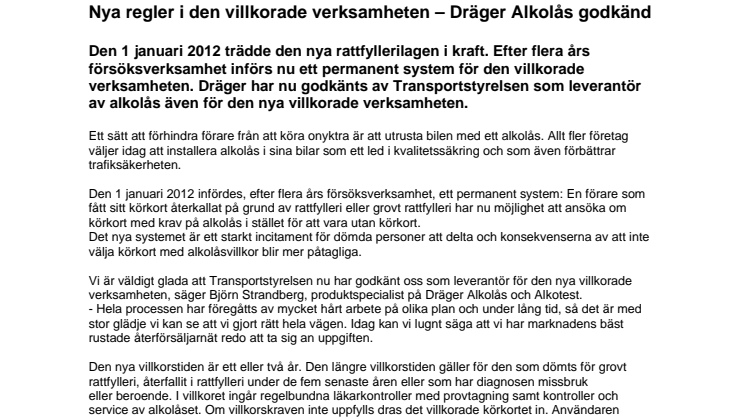 Nya regler i den villkorade verksamheten – Dräger Alkolås godkänd av Transportstyrelsen