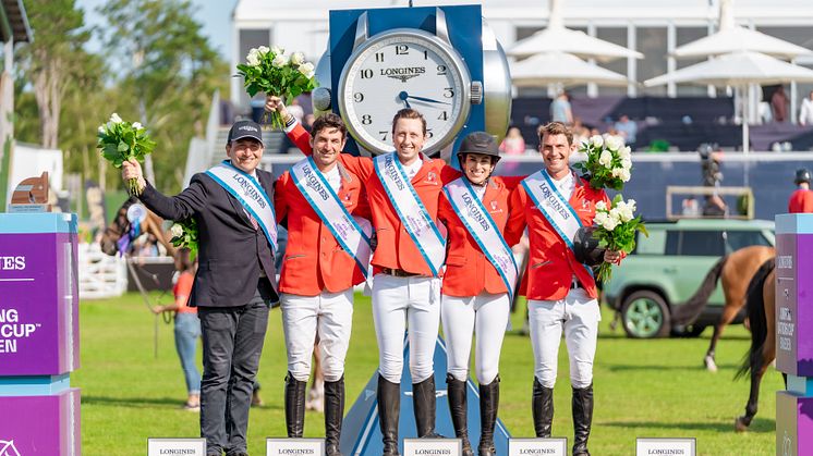 Team Switzerland at the prize giving ceremony of Longines FEI Jumping Nations Cup™  at Falsterbo Horse Show 