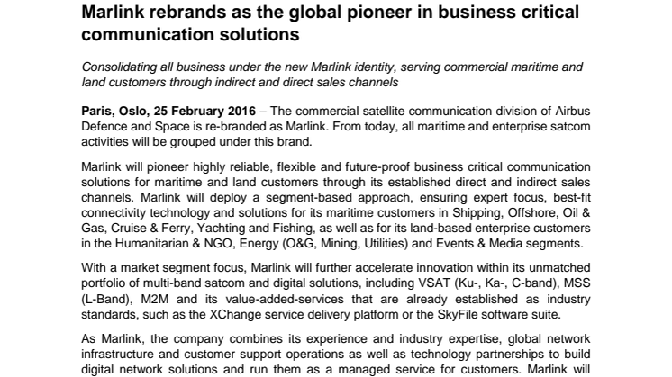 Marlink: Rebrands as the Global Pioneer in Business Critical Communications