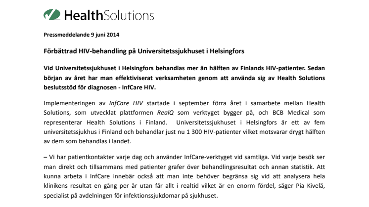 Förbättrad HIV-behandling på Universitetssjukhuset i Helsingfors   