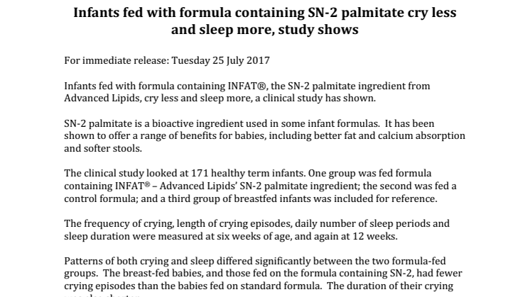 Infants fed with formula containing SN-2 palmitate cry less and sleep more, study shows