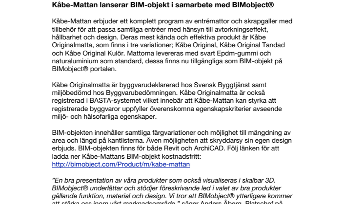 Kåbe-Mattan lanserar BIM-objekt i samarbete med BIMobject®