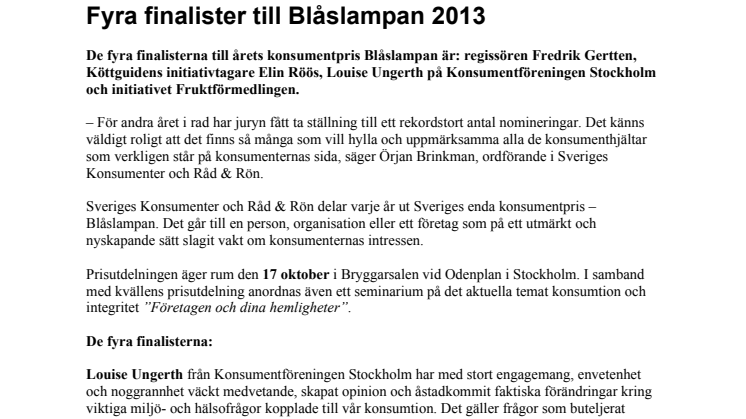 Fyra finalister till Blåslampan 2013