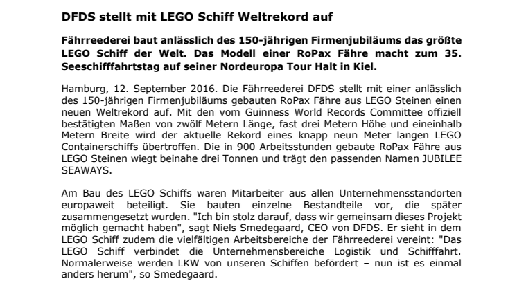 DFDS stellt mit LEGO Schiff Weltrekord auf 