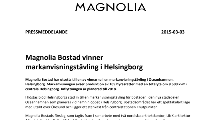 Magnolia Bostad vinner  markanvisningstävling i Helsingborg