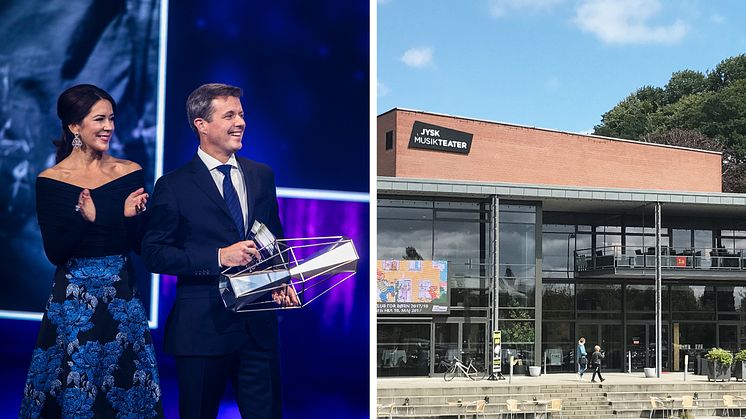 Kronprinsparret fotograferet af Ulrik Jantzen ved sidste års prisuddeling, og Jysk Musikteater i Silkeborg