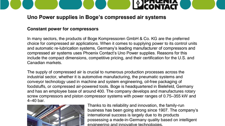 Uno Power supplies in Boge’s compressed air systems