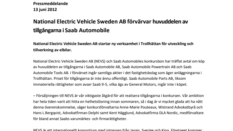 National Electric Vehicle Sweden AB förvärvar huvuddelen av tillgångarna i Saab Automobile 