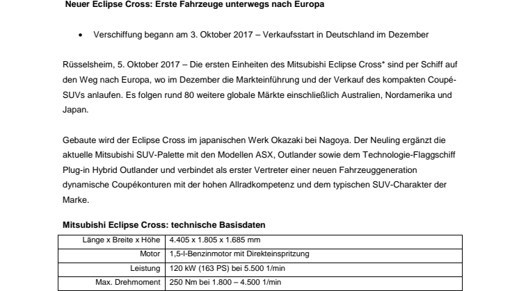 Neuer Eclipse Cross: Erste Fahrzeuge unterwegs nach Europa