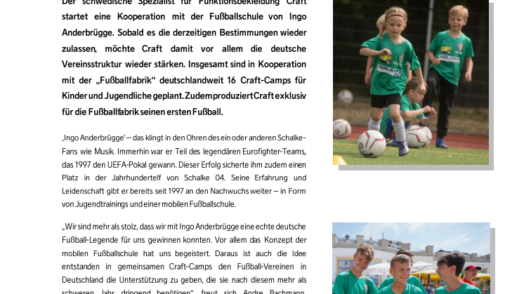 Craft kooperiert mit Ingo Anderbrügges Fußballfabrik  und unterstützt Nachwuchsarbeit