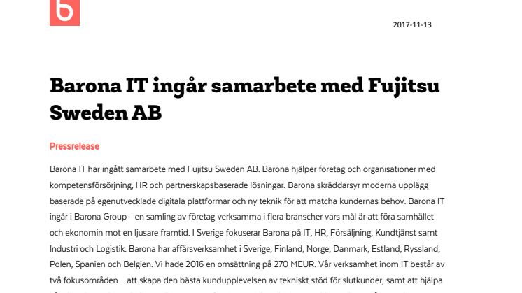 Barona IT ingår samarbete med Fujitsu Sweden AB