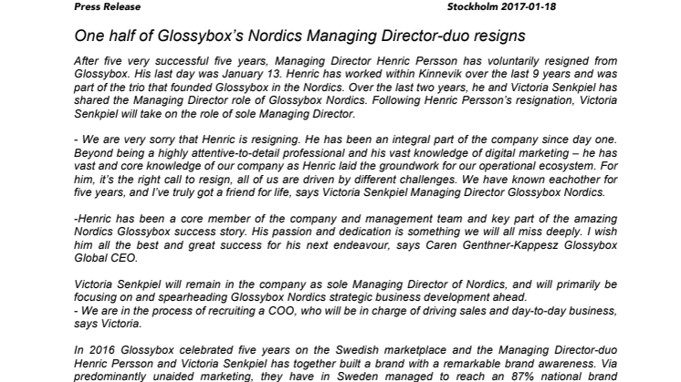 One half of Glossybox Nordics Managing Director-duo resigns