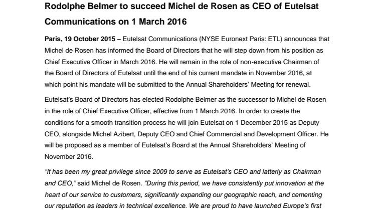 Rodolphe Belmer to succeed Michel de Rosen as CEO of Eutelsat Communications on 1 March 2016