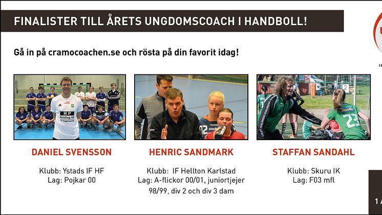 Tre finalister till Årets Ungdomscoach i handboll som koras 27 maj