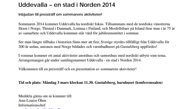 Inbjudan till pressträff - Uddevalla en stad i Norden 2014