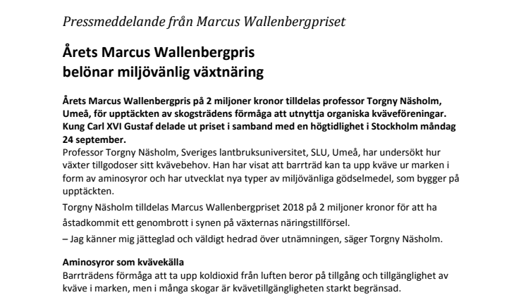 Årets Marcus Wallenbergpris  belönar miljövänlig växtnäring