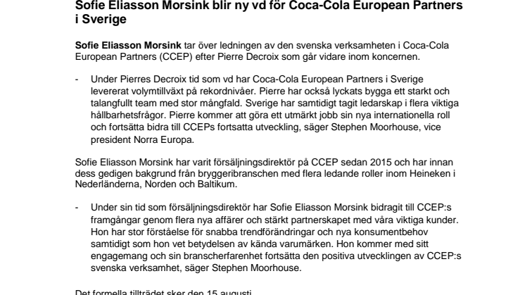 Sofie Eliasson Morsink blir ny vd för Coca-Cola European Partners i Sverige