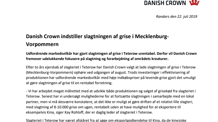 Danish Crown indstiller slagtningen af grise i Mecklenburg-Vorpommern