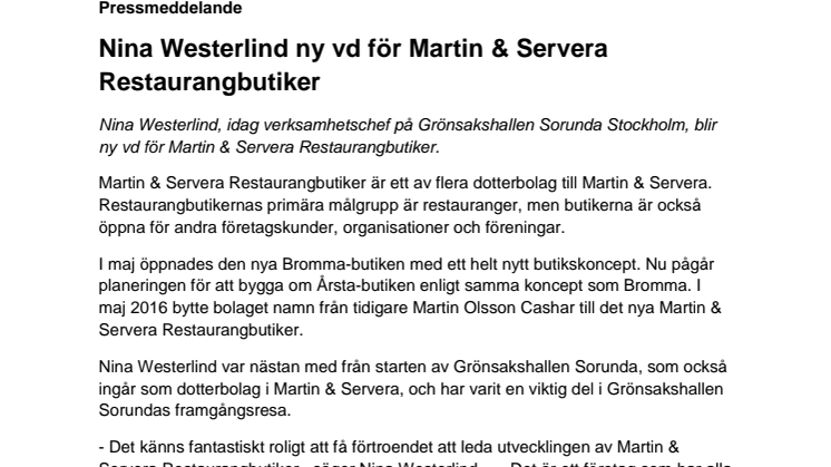 Nina Westerlind ny vd för Martin & Servera Restaurangbutiker
