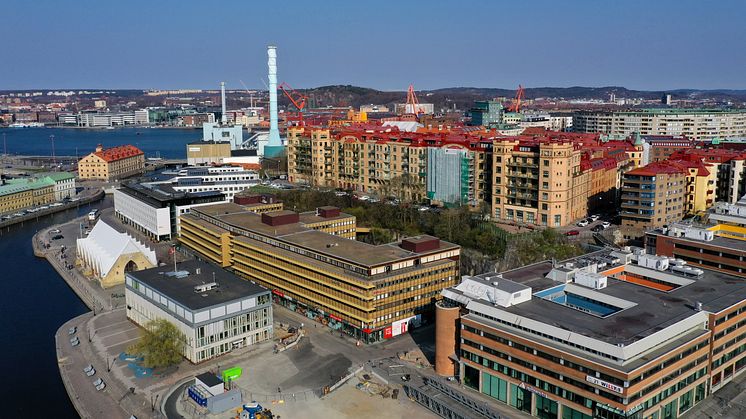 Flygbild över Rosenlundsgatan 8 och ett av Trafikverkets blivande kontor för Västlänken.