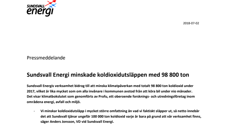 Sundsvall Energi minskade koldioxidutsläppen med 98 800 ton