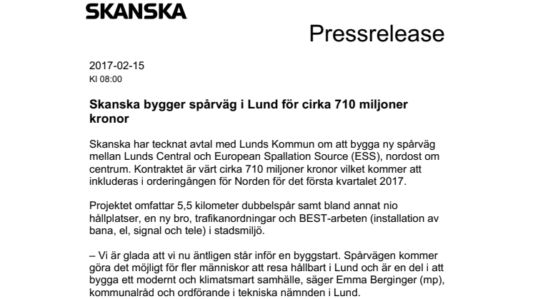 Skanska bygger spårväg i Lund för cirka 710 miljoner kronor
