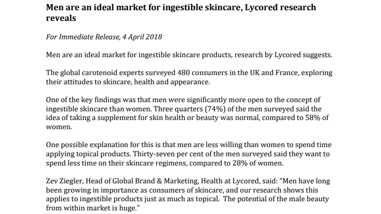 PRESS RELEASE: Men are an ideal market for ingestible skincare, Lycored research reveals