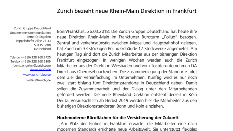 Zurich bezieht neue Rhein-Main Direktion in Frankfurt