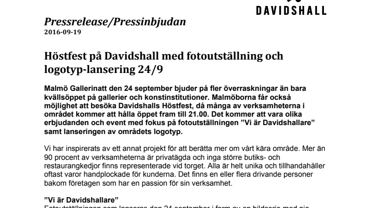 Höstfest på Davidshall med fotoutställning och logotyp-lansering 24/9